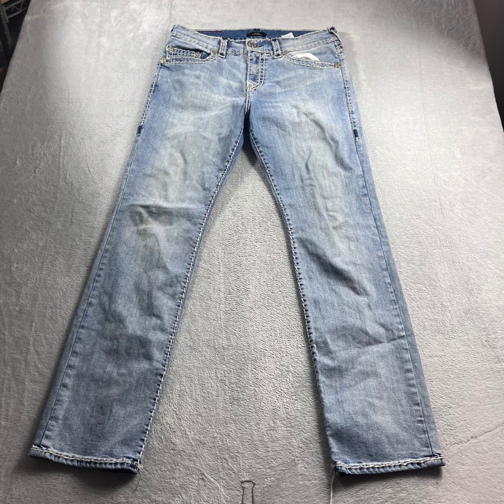True Religion Ricky Relaxed Straight Jeans Light Wash Blue Contrast Stitch 34